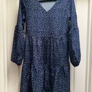 Navy Blue white polka dot midi long sleeve dress